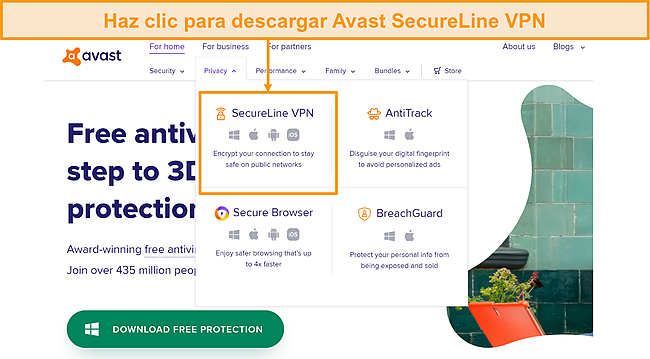 Captura de pantalla que muestra el botón de descarga en la página web de Avast SecureLine VPN.
