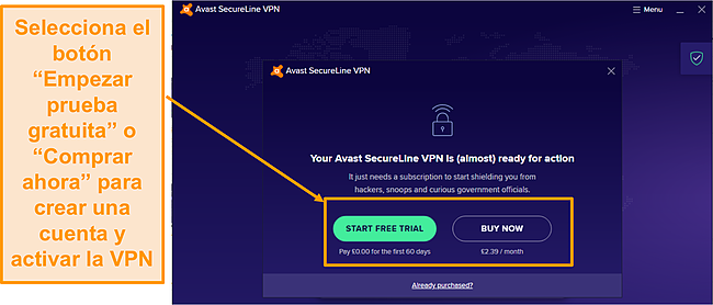 Captura de pantalla que muestra el botón de prueba gratuita para registrarse en una cuenta de Avast SecureLine VPN.