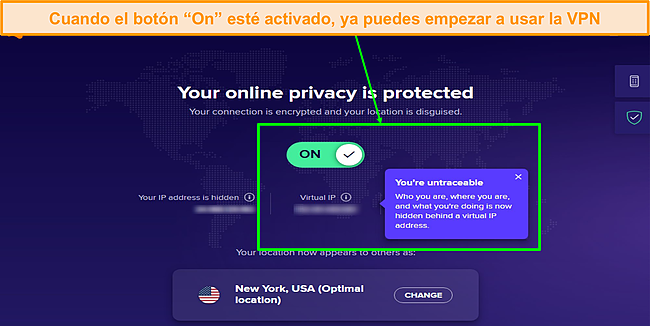 Captura de pantalla que muestra Avast SecureLine VPN activado.