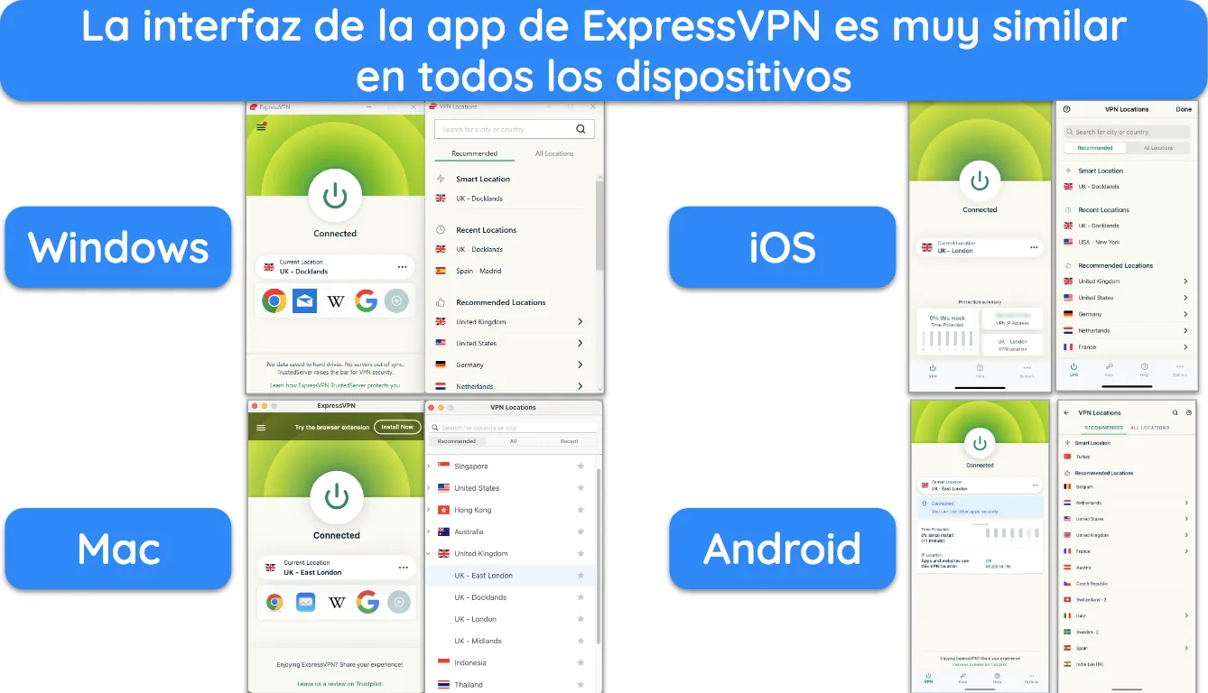 Imágenes de las aplicaciones de ExpressVPN en Windows, Mac, iOS y Android, todas conectadas a servidores del Reino Unido y mostrando la lista de servidores.