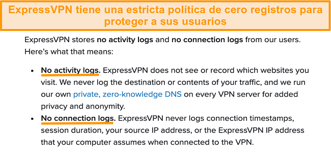 Captura de pantalla de la política de privacidad de ExpressVPN en su sitio web