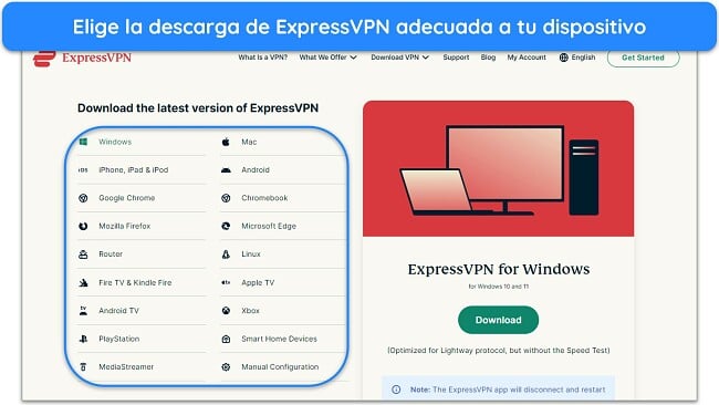 Captura de pantalla que muestra la página de descarga de ExpressVPN y los dispositivos disponibles