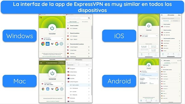 Imágenes de las aplicaciones de ExpressVPN en Windows, Mac, iOS y Android, todas conectadas a servidores del Reino Unido y mostrando la lista de servidores.