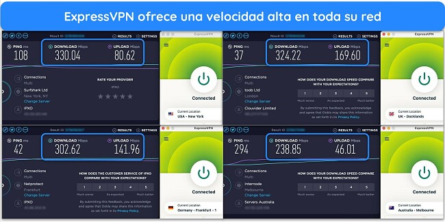 Imágenes de los resultados de la prueba de velocidad de Ookla, con ExpressVPN conectado a servidores en EE. UU., Reino Unido, Alemania y Australia