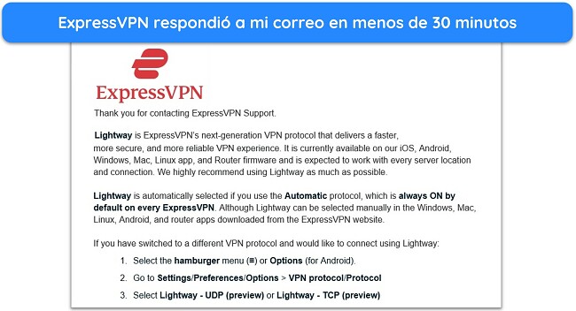 Captura de pantalla de respuesta por correo electrónico de soporte de ExpressVPN