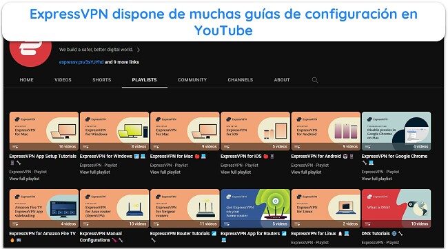 Captura de pantalla de la página de YouTube de ExpressVPN que muestra todas las guías de configuración y tutoriales en vídeo