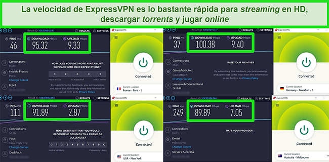 Capturas de pantalla de los resultados de la prueba de velocidad de ExpressVPN cuando se conecta a diferentes servidores a nivel mundial