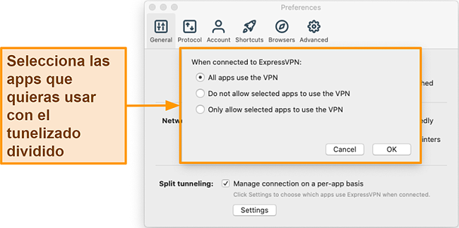 Captura de pantalla de un usuario que configura la función de túnel dividido en la aplicación ExpressVPN