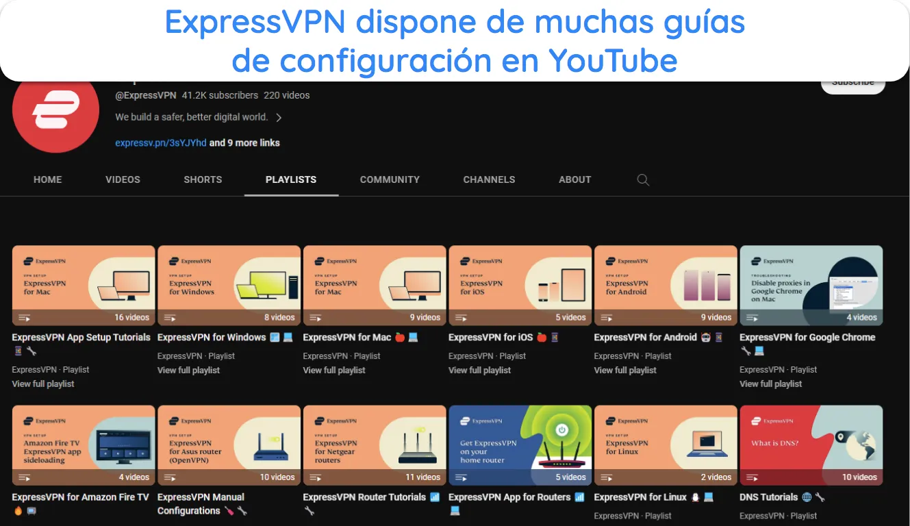 Captura de pantalla de la página de YouTube de ExpressVPN que muestra todas las guías de configuración y tutoriales en vídeo