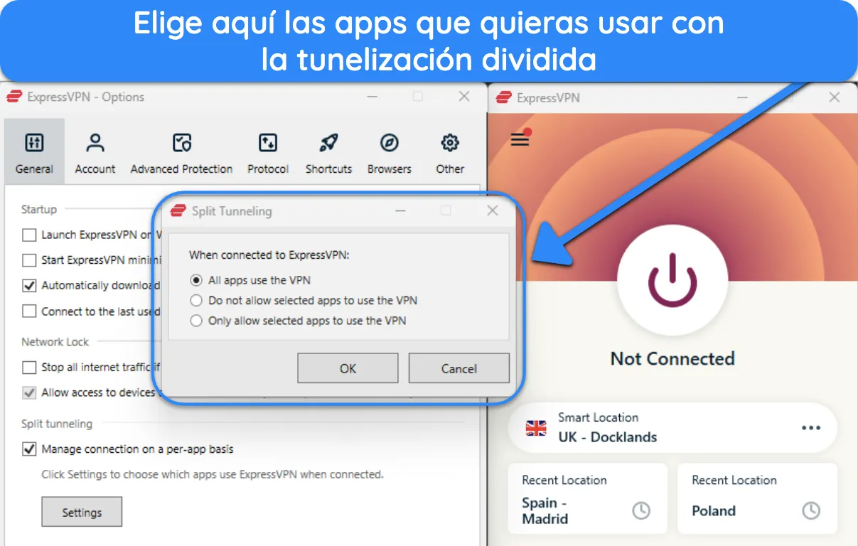 Imagen de la aplicación de Windows de ExpressVPN, que muestra la función de túnel dividido.