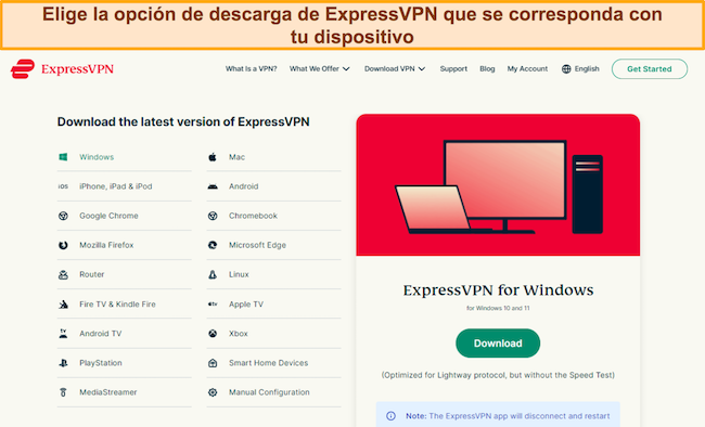 Captura de pantalla que muestra la página de descarga de ExpressVPN y los dispositivos disponibles