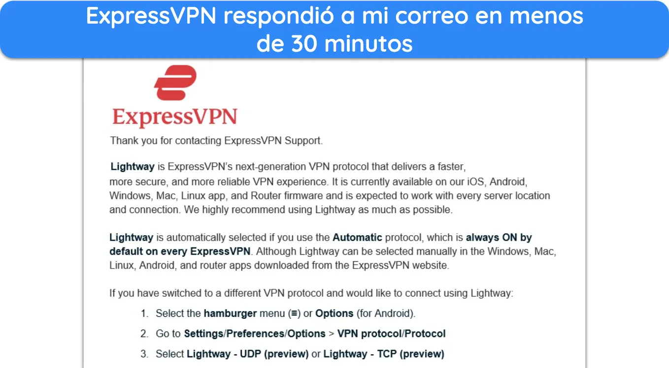 Captura de pantalla de respuesta por correo electrónico de soporte de ExpressVPN