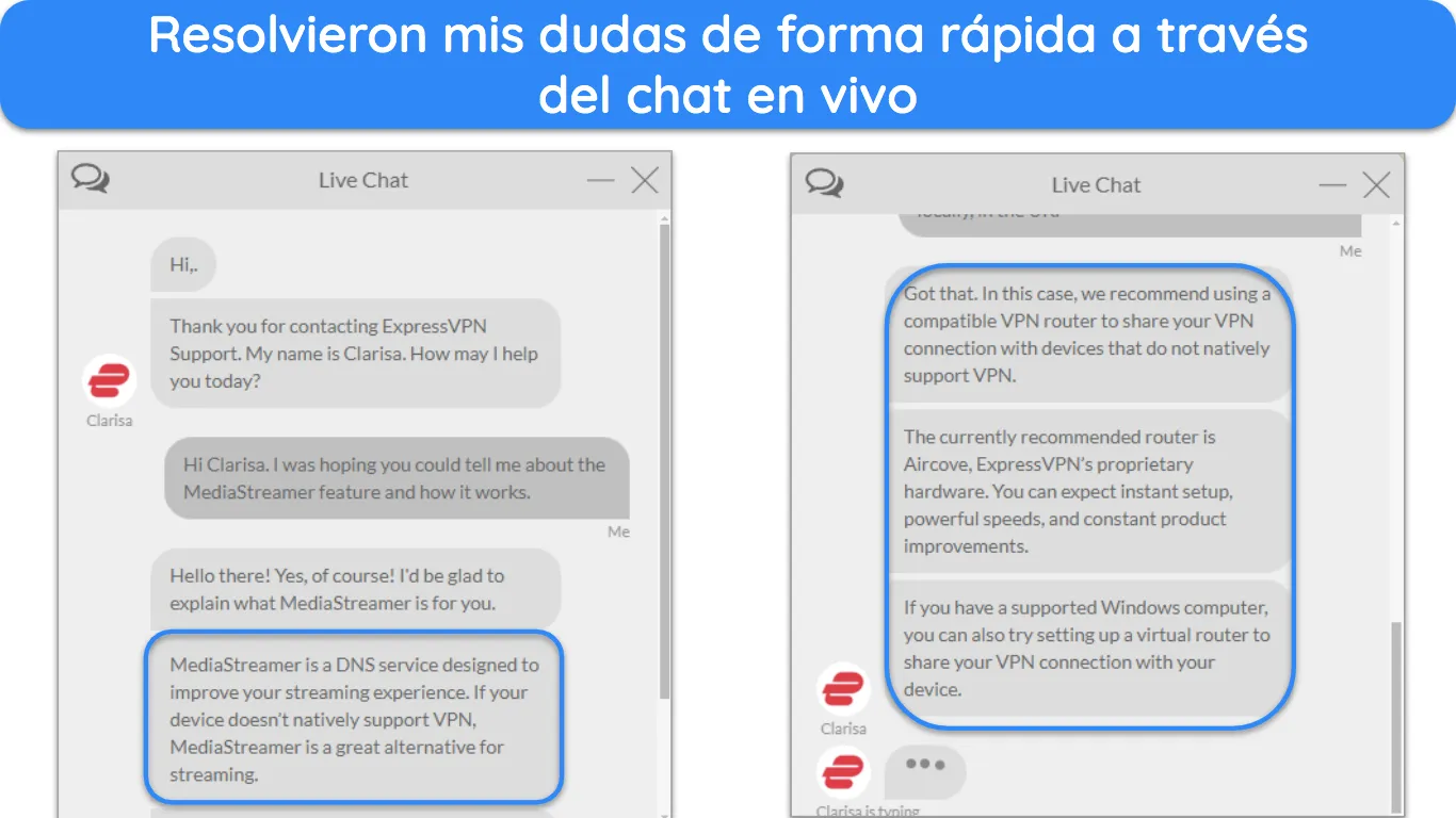 Imágenes del chat en vivo de ExpressVPN, con un agente respondiendo preguntas sobre la función MediaStreamer.
