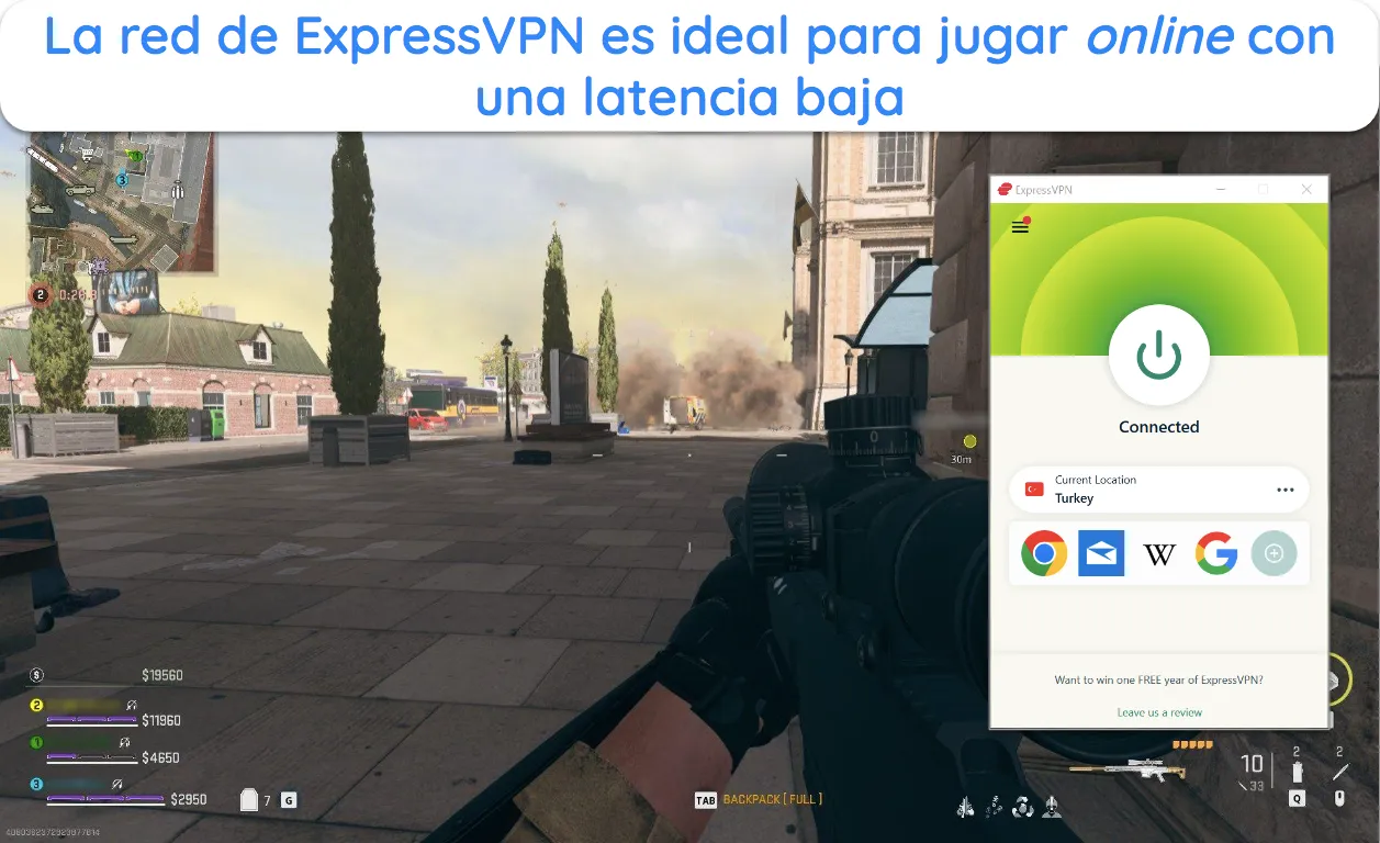 Imagen de un juego en línea COD: Warzone en progreso con ExpressVPN conectado a un servidor en Turquía.