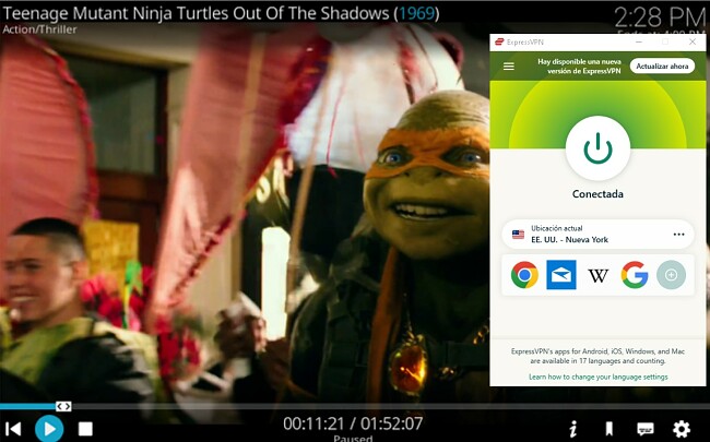 Captura de pantalla de Kodi conectado a un servidor de EE. UU. desbloqueando Teenage Mutant Ninja Turtle