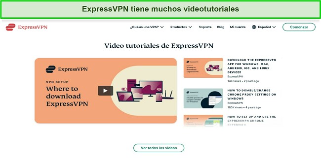 Captura de pantalla de los videos tutoriales en línea de ExpressVPN en el sitio web