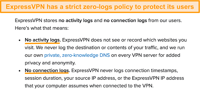 Screenshot of ExpressVPN's privacy policy on its website