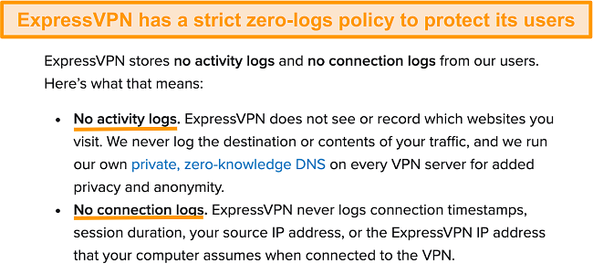 Screenshot of ExpressVPN's privacy policy stating that it doesn't collect data.