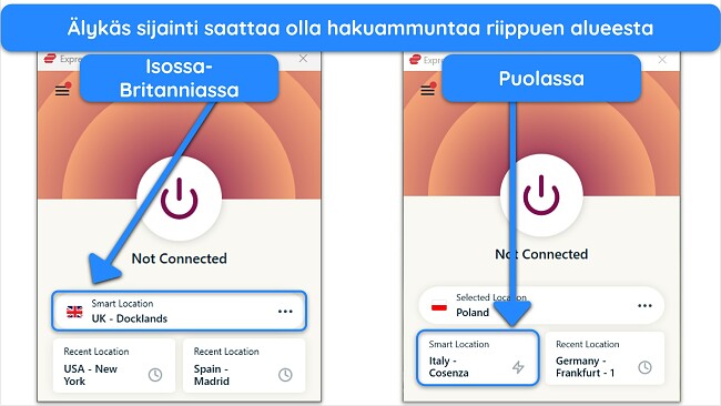 Näyttökaappaus, jossa näkyy ExpressVPN:n älykäs sijaintiominaisuus