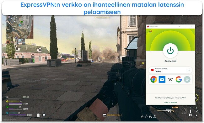 Kuva COD: Warzone-verkkopelistä käynnissä, jossa ExpressVPN on yhdistetty palvelimeen Turkissa.