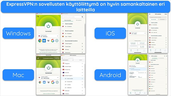 Kuvat ExpressVPN:n sovelluksista Windowsissa, Macissa, iOS:ssä ja Androidissa, kaikki liitettynä Ison-Britannian palvelimiin ja näyttävät palvelinluettelon.