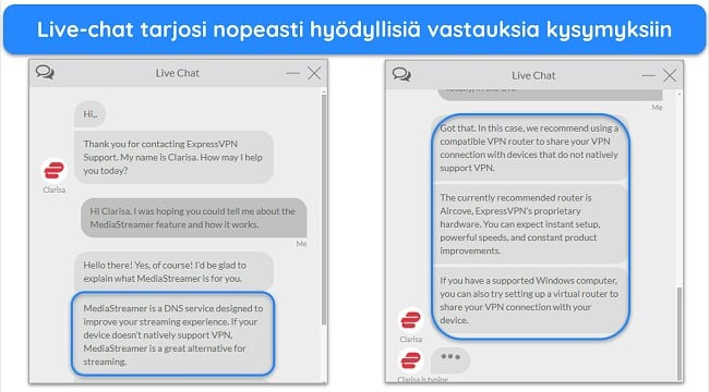 Kuvia ExpressVPN:n live-chatista, jossa agentti vastaa MediaStreamer-ominaisuutta koskeviin kysymyksiin.