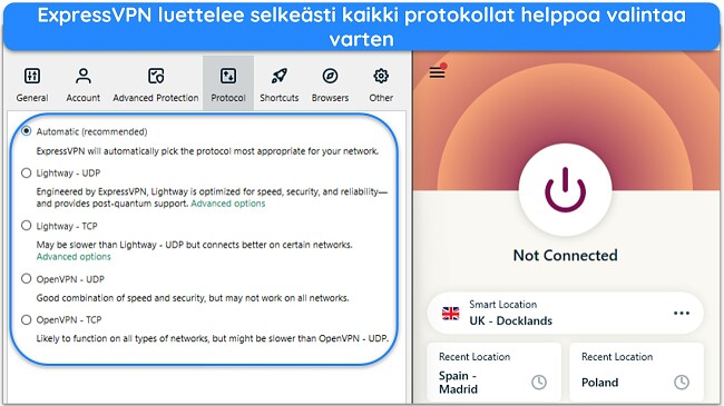 Kuva ExpressVPN:n Windows-sovelluksesta, joka näyttää käytettävissä olevat protokollat sovelluksen asetuksissa.