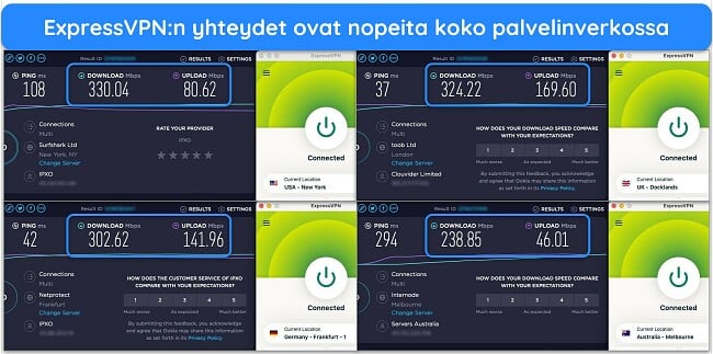 Kuvia Ooklan nopeustestin tuloksista, joissa ExpressVPN on yhdistetty palvelimille Yhdysvalloissa, Isossa-Britanniassa, Saksassa ja Australiassa