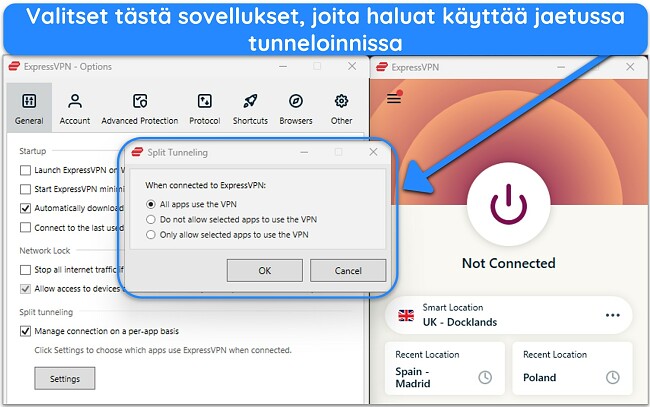 Kuva ExpressVPN:n Windows-sovelluksesta, jossa näkyy jaettu tunnelointiominaisuus.