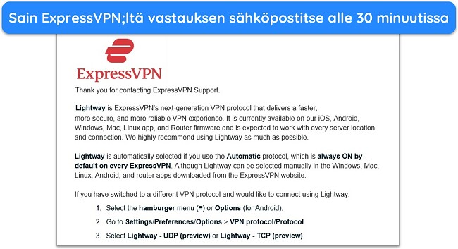 ExpressVPN-tuen sähköpostivastauksen kuvakaappaus