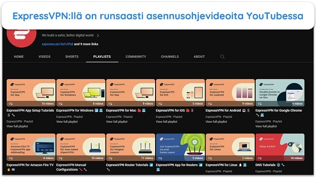 Kuvakaappaus ExpressVPN:n YouTube-sivulta, jossa on kaikki asennusoppaat ja video-opetusohjelmat