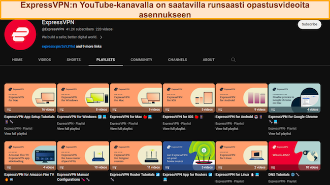 Kuvakaappaus ExpressVPN:n YouTube-sivulta, jossa on kaikki asennusoppaat ja video-opetusohjelmat