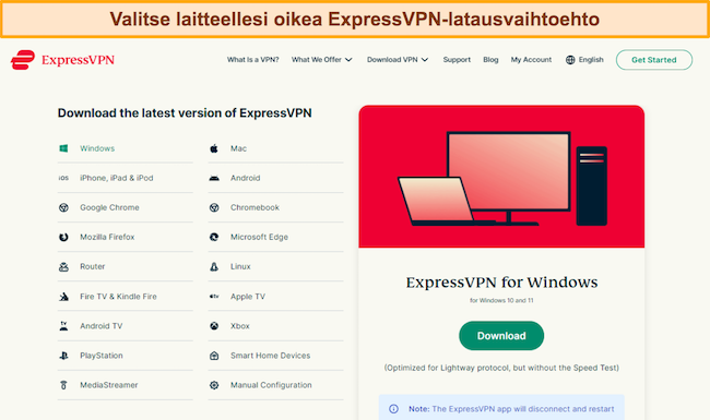 Näyttökaappaus, jossa näkyy ExpressVPN-lataussivu ja käytettävissä olevat laitteet