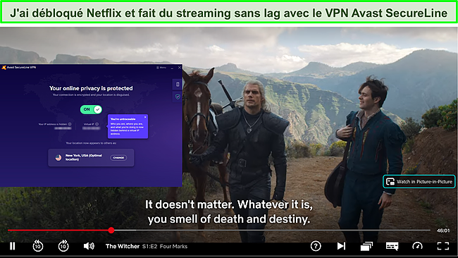 Capture d'écran du VPN Avast SecureLine débloquant The Witcher sur Netflix.