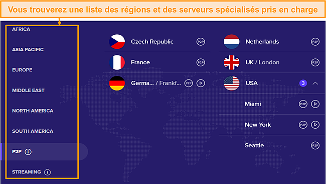 Capture d'écran des serveurs VPN Avast SecureLine par régions.