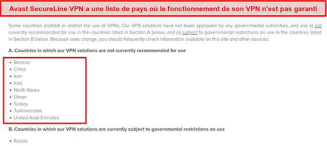Capture d'écran d'un article de blog Avast montrant une liste de pays dans lesquels le VPN peut ne pas fonctionner.