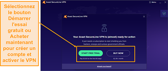 Capture d'écran montrant le bouton d'essai gratuit pour vous inscrire à un compte VPN Avast SecureLine.