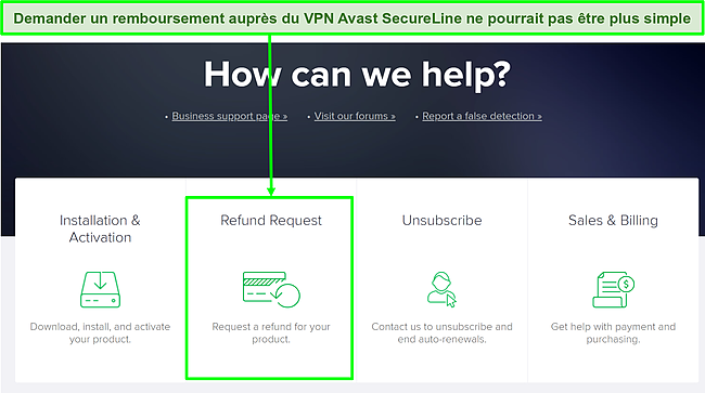 Capture d'écran montrant le processus de demande de remboursement sur la page Web du VPN Avast SecureLine.