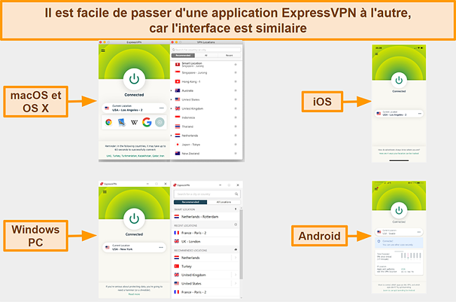 Capture d'écran des interfaces d'application d'ExpressVPN pour Windows, Android, Mac et iPhone