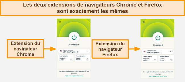 Capture d'écran de l'extension de navigateur d'ExpressVPN pour Google Chrome et Mozilla Firefox