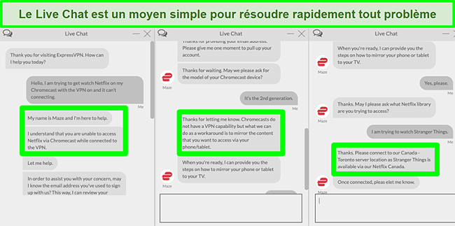 Capture d'écran d'un utilisateur contactant ExpressVPN via un chat en direct 24h / 24 et 7j / 7 et demandant comment regarder Netflix avec Chromecast