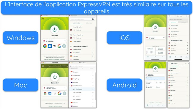 Images des applications d'ExpressVPN sur Windows, Mac, iOS et Android, toutes connectées aux serveurs britanniques et affichant la liste des serveurs.