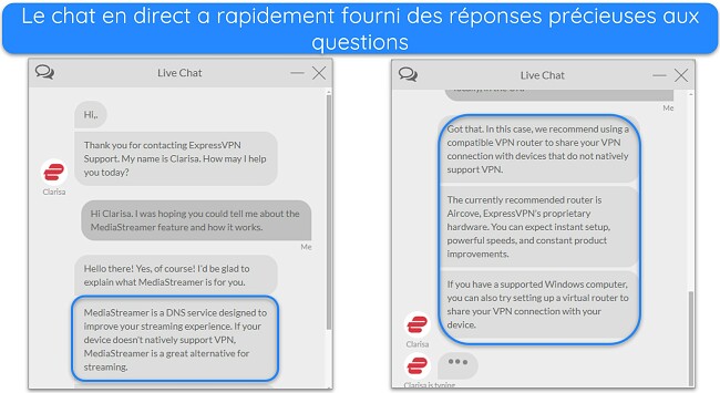 Images du chat en direct d'ExpressVPN, avec un agent répondant aux questions sur la fonctionnalité MediaStreamer.