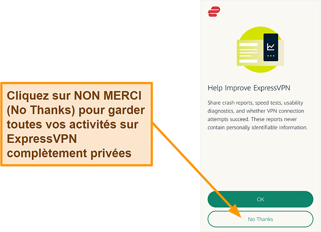 Capture d'écran de l'application ExpressVPN demandant l'autorisation de l'utilisateur pour partager des rapports d'incident, des tests de vitesse et d'autres données utilisateur avec l'entreprise