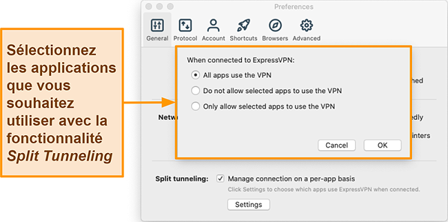 Capture d'écran d'un utilisateur configurant la fonction de tunneling fractionné sur l'application ExpressVPN