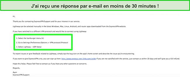 Capture d'écran d'une conversation par e-mail avec l'équipe d'assistance client d'ExpressVPN à propos du protocole LightWay.