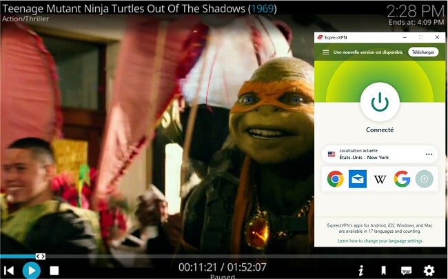 Capture d'écran de Kodi connecté à un serveur américain débloquant Teenage Mutant Ninja Turtle