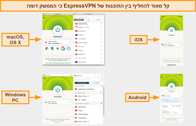 צילום מסך של ממשקי האפליקציה של ExpressVPN עבור Windows, Android, Mac ו- iPhone