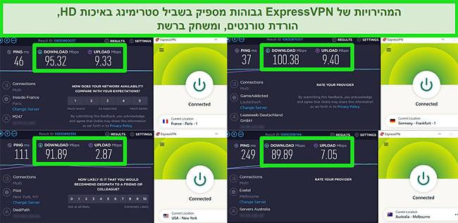 צילומי מסך של תוצאות בדיקת המהירות של ExpressVPN כאשר הם מחוברים לשרתים שונים ברחבי העולם