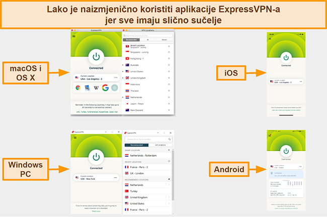 Snimak zaslona sučelja aplikacija ExpressVPN za Windows, Android, Mac i iPhone